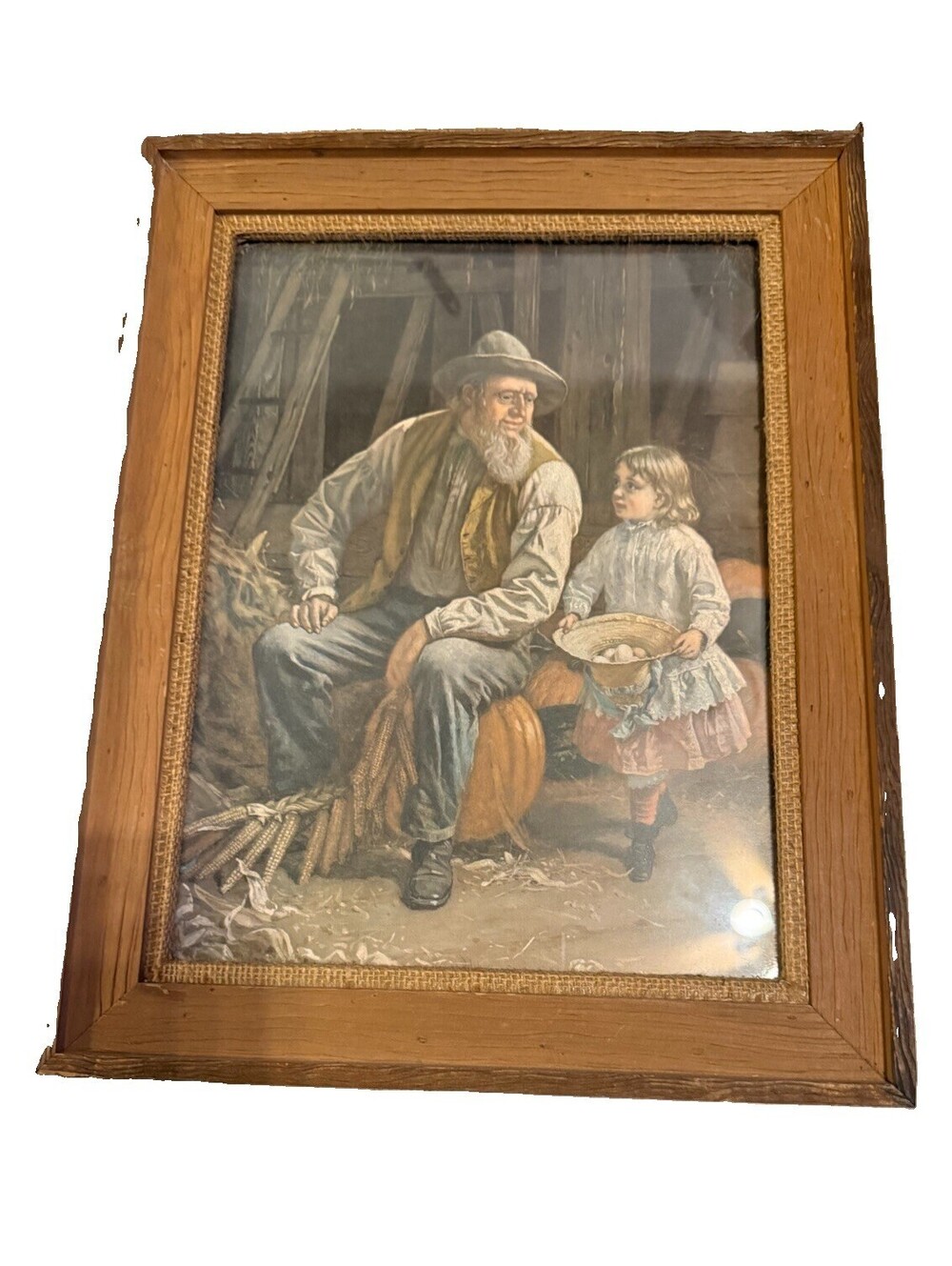 Vintage Framed Farmhouse Lithograph Print of American Farmer in Wood Frame